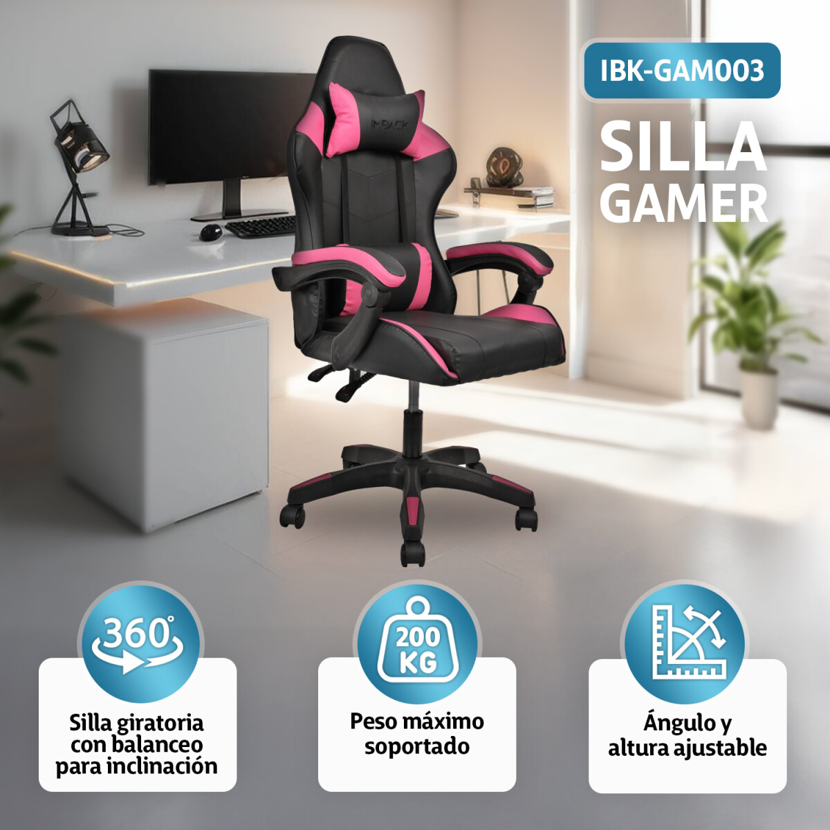 Silla Gamer Ergonomica Escritorio Reclinable Soporta 200kg Negro con Fucsia 