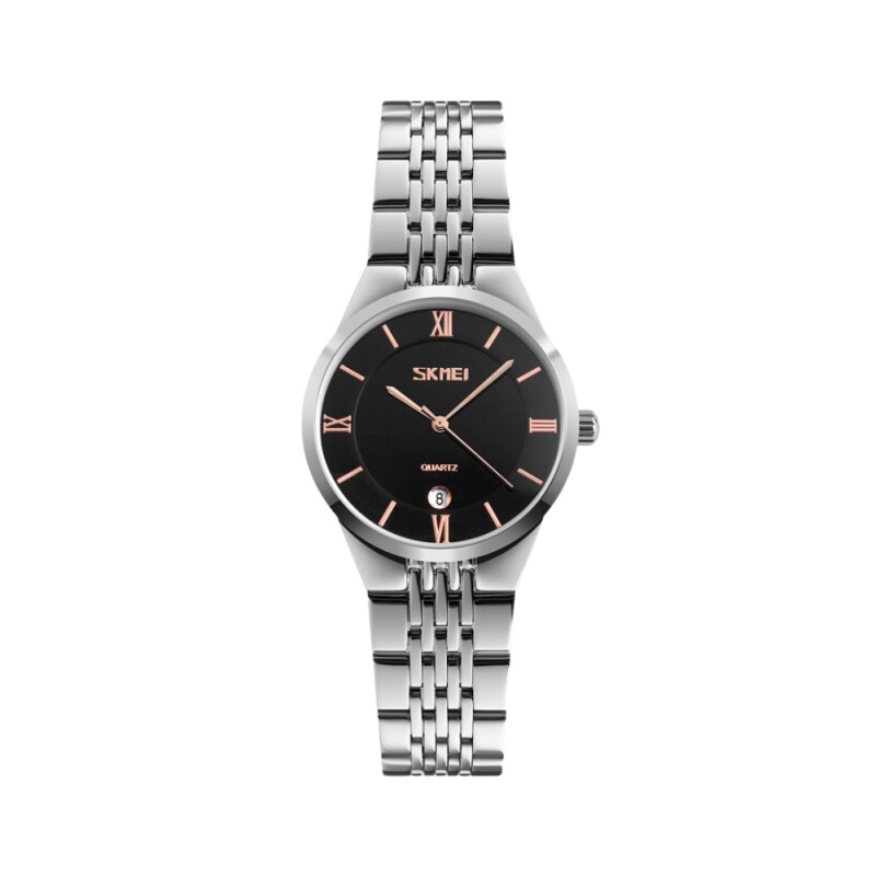 Reloj Skmei 9139BKGD-S analógico en acero plateado con esfera negra y marcadores dorados rosé (caja delicada 31 mm) Plateado