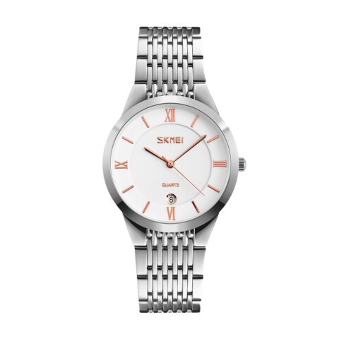 Reloj Skmei 9139WTGD-B analógico en acero plateado con esfera blanca y marcadores dorados rosé (caja clásica 38 mm) Dorado