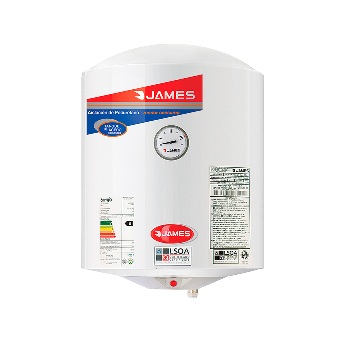 Termotanque Calefon Acero James 30 Litros Cilindrico 