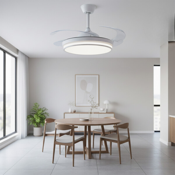 Ventilador De Techo Lámpara Led Aspas Retráctiles C/ Control Color Blanco