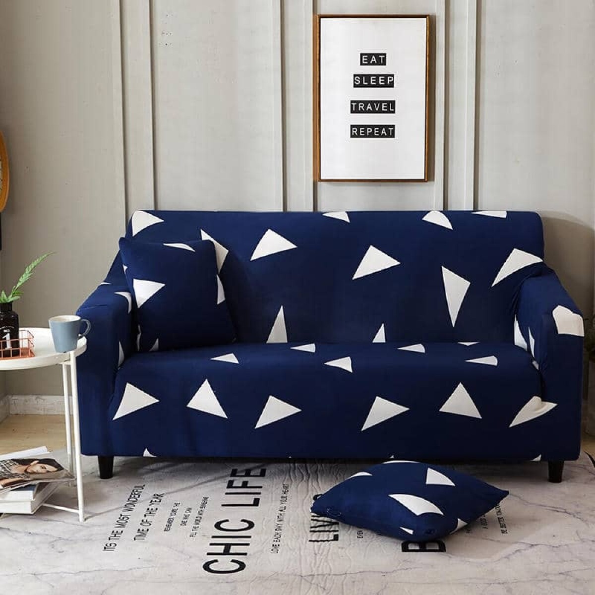 Funda sillón 2 cuerpos estampada - Triángulos Azul 