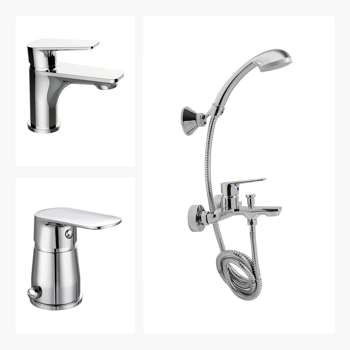 Juego Completo De Griferia Incluye Ducha Exterior, Lavatrio Bajo Y Bidet Terminacion Cromo Linea Sprint 