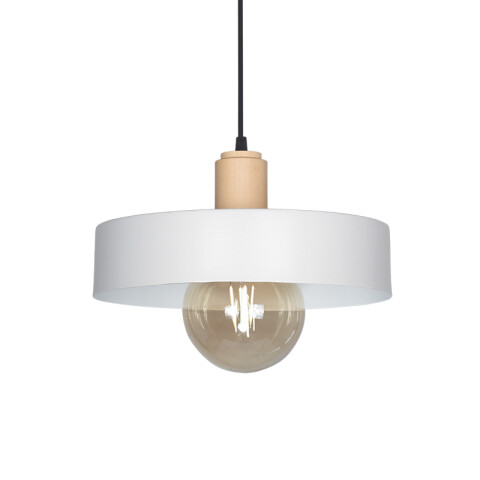 Colgante pantalla metal blanco y madera E27 Ø300mm JU0386