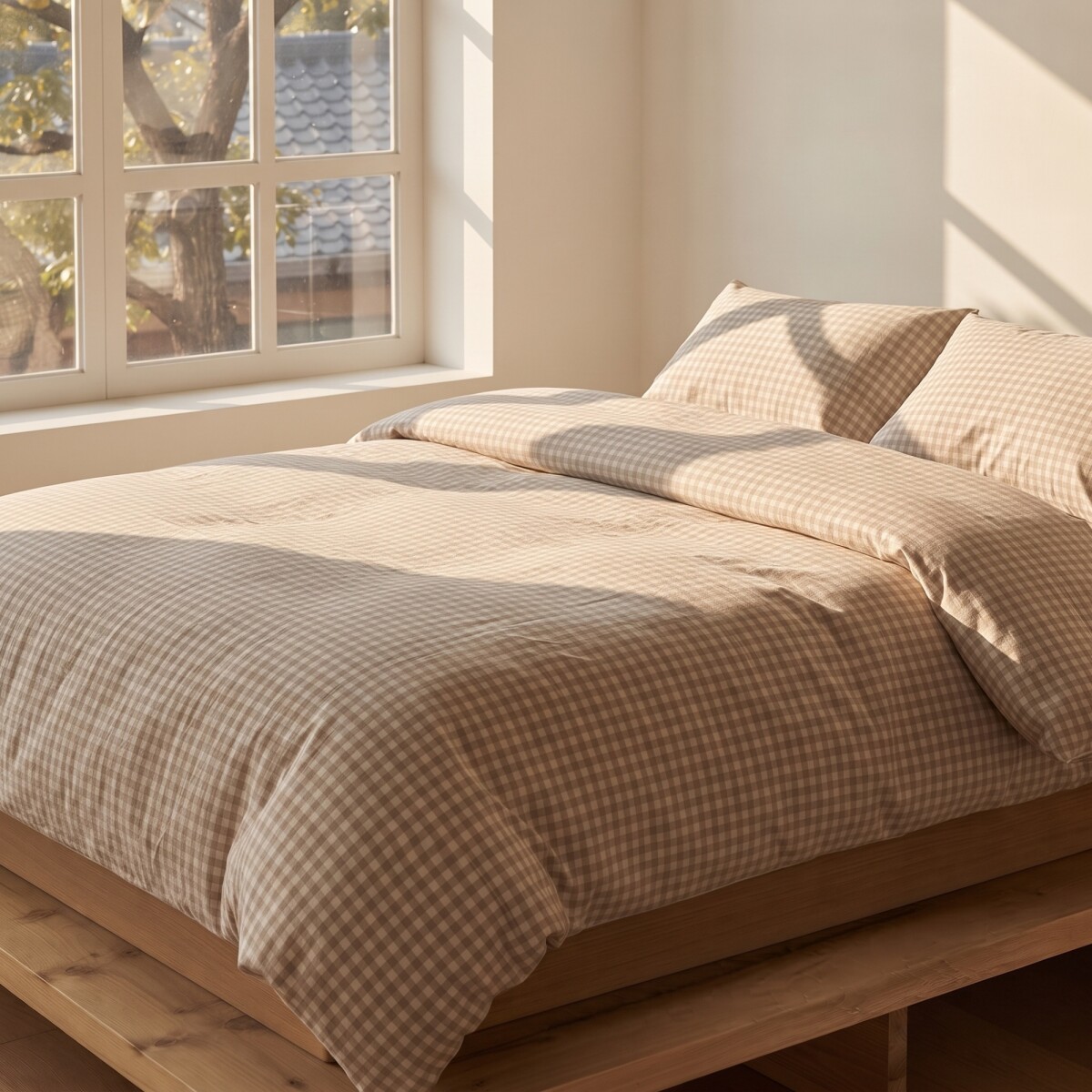Funda nórdica de acolchado + 2 fundas de almohada de algodón Vichy Beige - Queen 