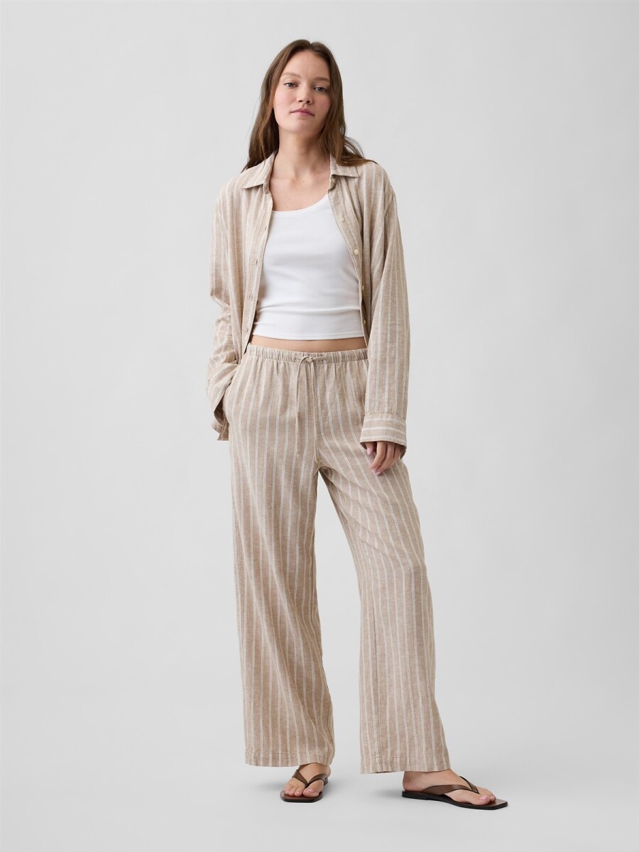 Pantalón De Lino Wide Mujer - White Khaki Stripe 