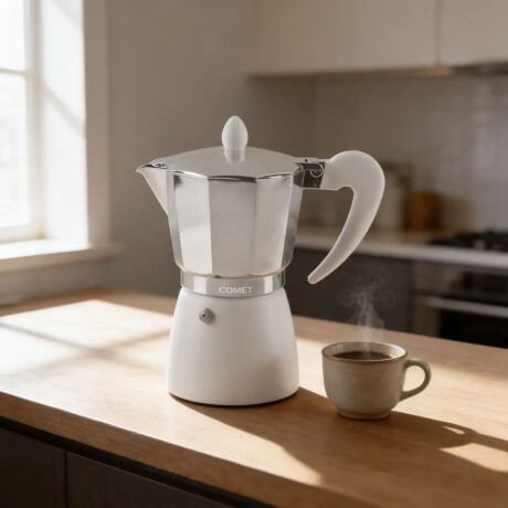 Cafetera Italiana Comet 6 Tazas Aluminio Mango Ergonómico Blanco