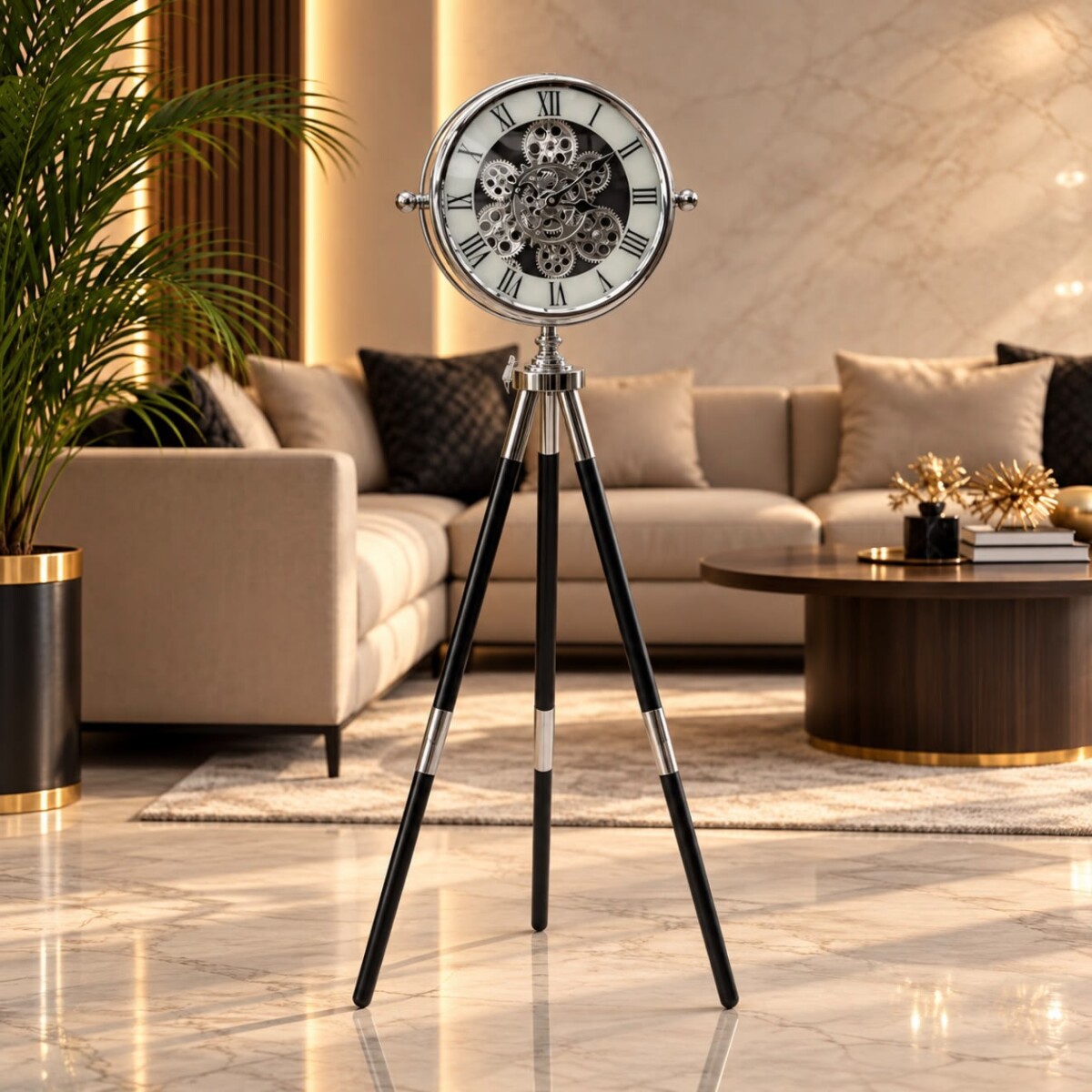 Reloj de Pie Decorativo Grande con Trípode Negro y Plateado 