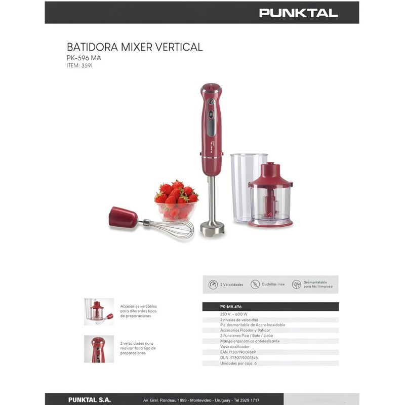 Mixer Punktal PK-596 MA con Batidor Vaso Picadora 600w Rojo Mixer Punktal Pk-596 Ma Con Batidor Vaso Picadora 600w Rojo