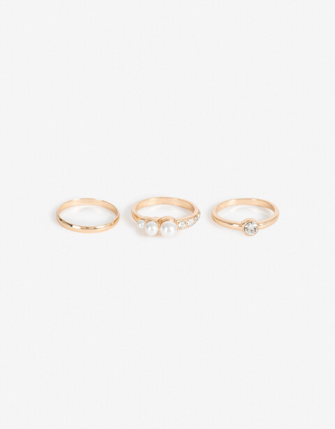 Sets Anillos Perlas Set De 3 Anillos Strass Y Perla - Dorado
