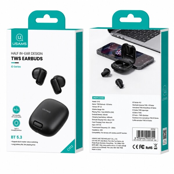 Auriculares Usams ID25 In Ear Bluetooth 5.3 Táctil Sonido 3D Negro