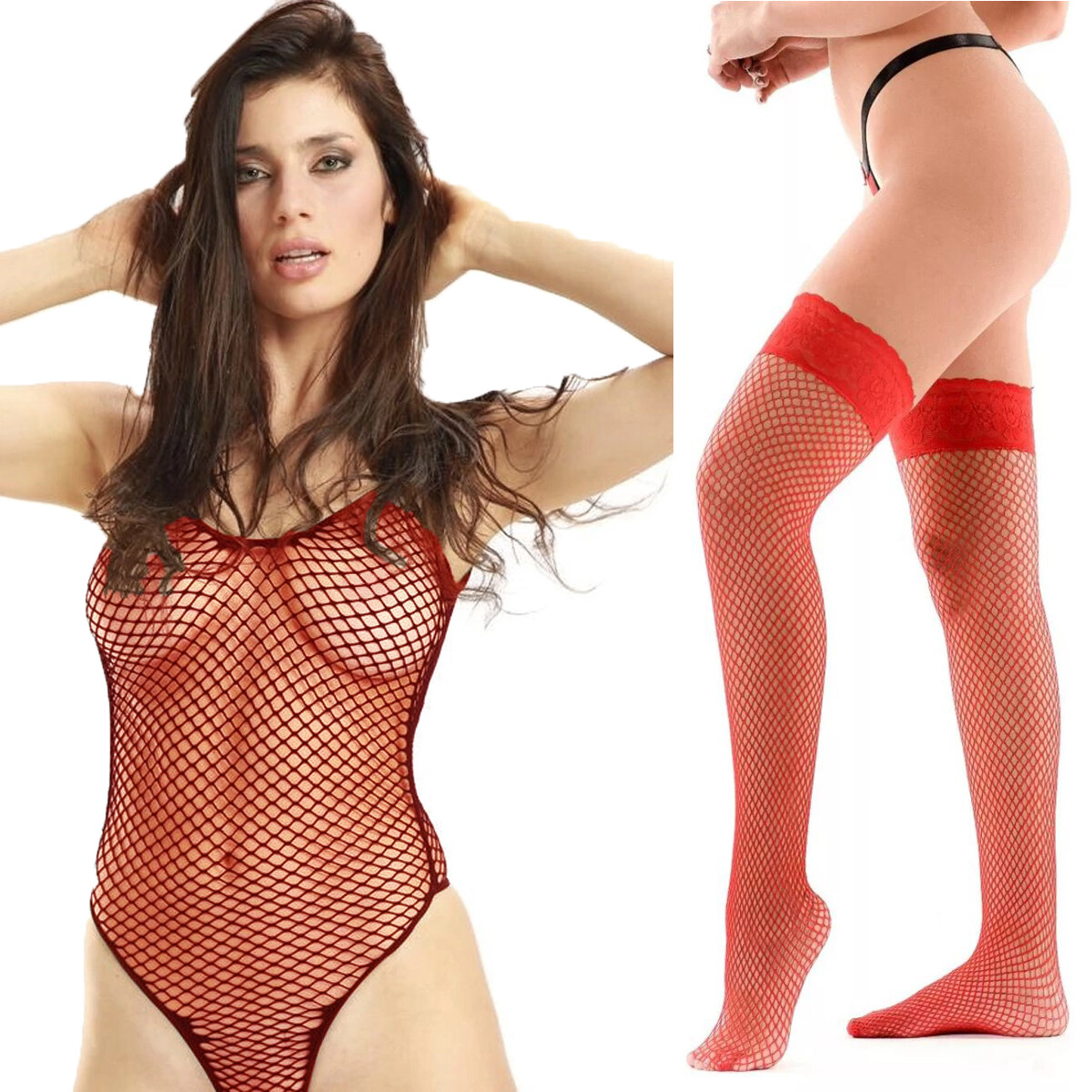 Body Erótico de Red + Medias de Red - Rojo 