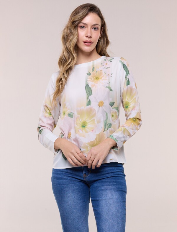 Blusa De Caída Fluida Con Escote Redondo CRUDO/MULTI