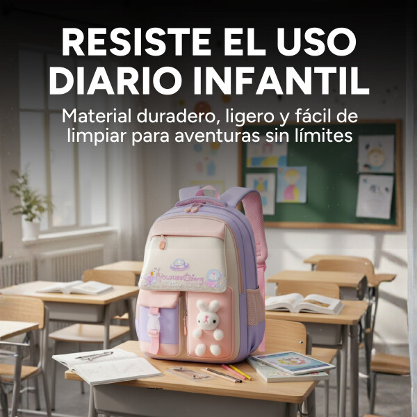 Mochila Kawaii Escolar Infantil Diseño Peluche Conejito Color Rosado