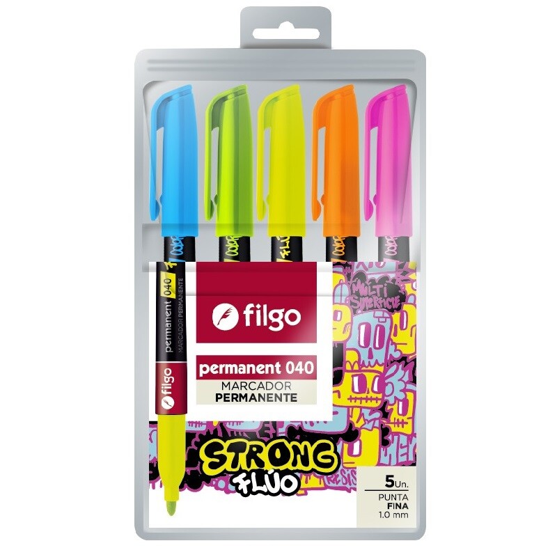 Marcador Permanente 040 Fino x5 Flúo Filgo #MARCADOR FILGO PERMANENTE 040 FINO - ESTUCHE 5 FLÚO