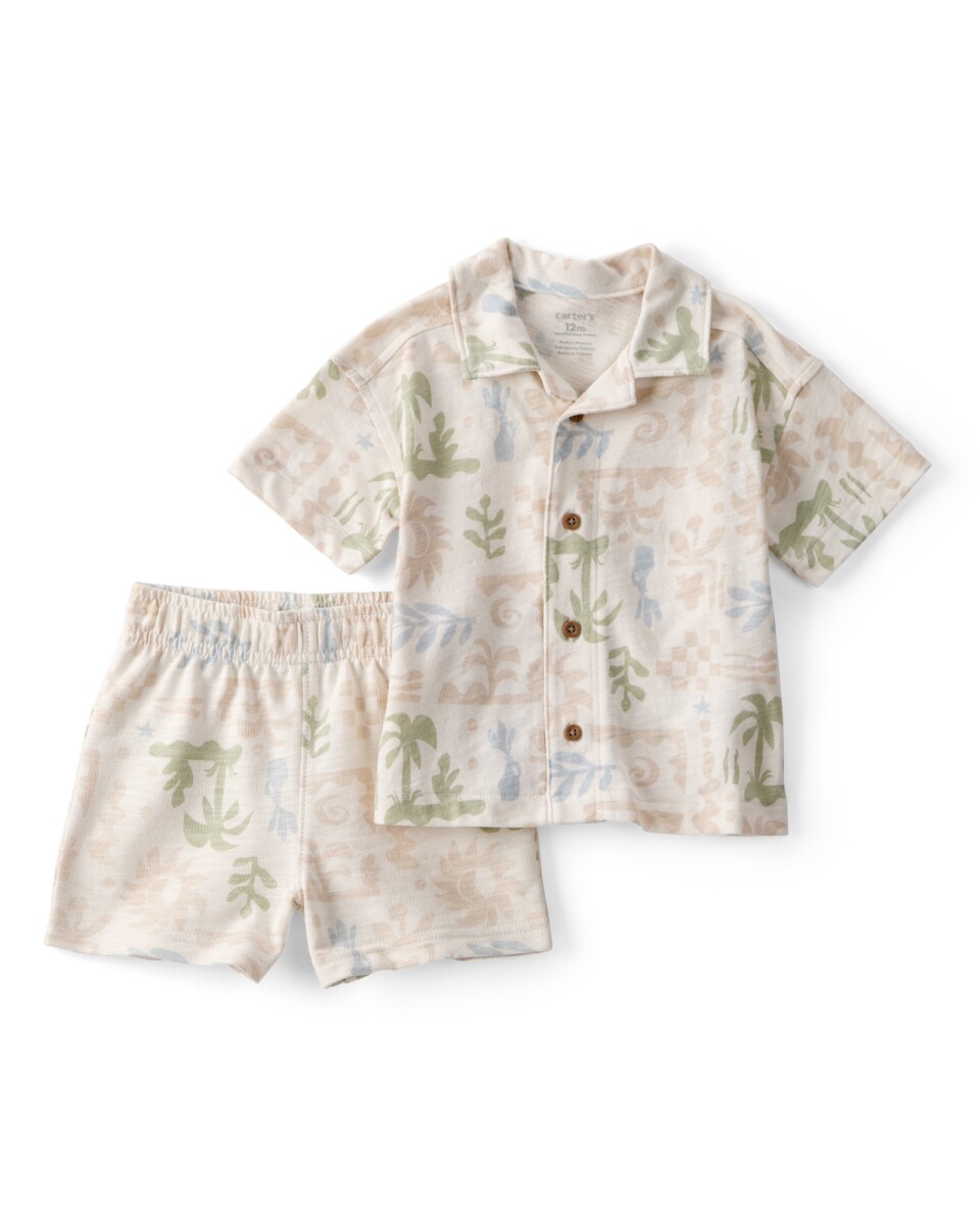 Set dos piezas de algodón, short y camisa, crema, diseño tropical. Talles 6-24M 