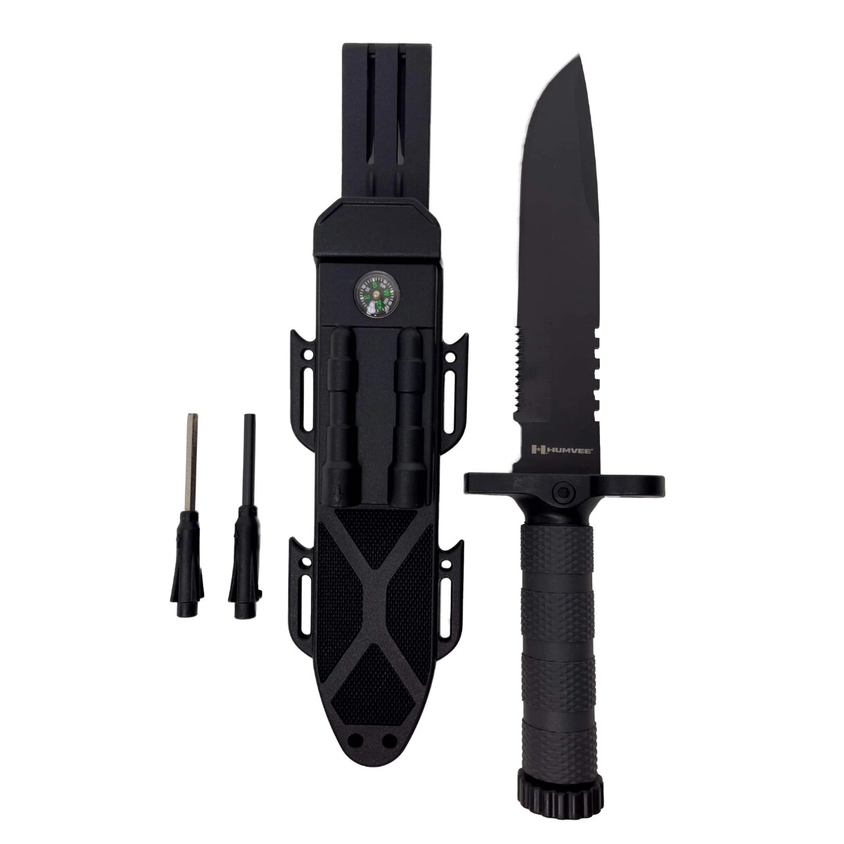 Cuchillo de supervivencia con afilador e iniciador de fuego - Negro 