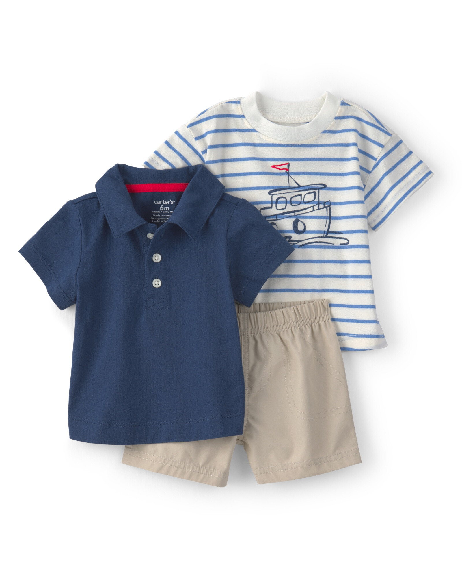 Set tres piezas de algodón, short, remera polo y remera estampa barco Sin color