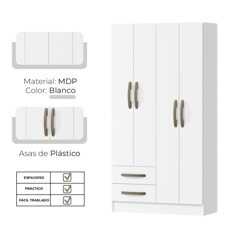 Ropero Blanco 4 puertas 2 cajones con estantes y perchero 172x90x35 cm Interior Natural Ropero Blanco 4 puertas 2 cajones con estantes y perchero 172x90x35 cm Interior Natural