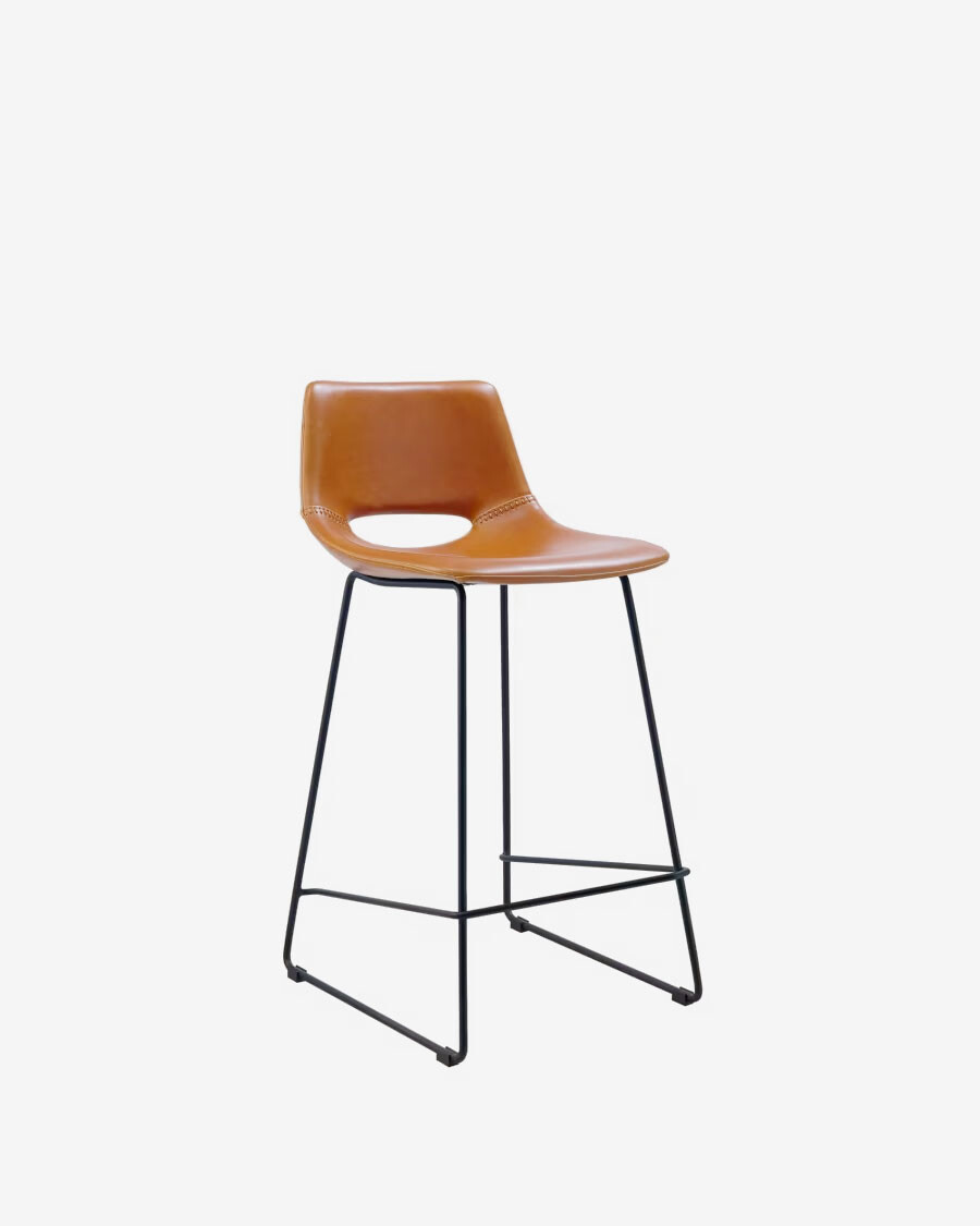 Taburete Zahara piel sintética marrón y acero con acabado negro altura 65 cm
