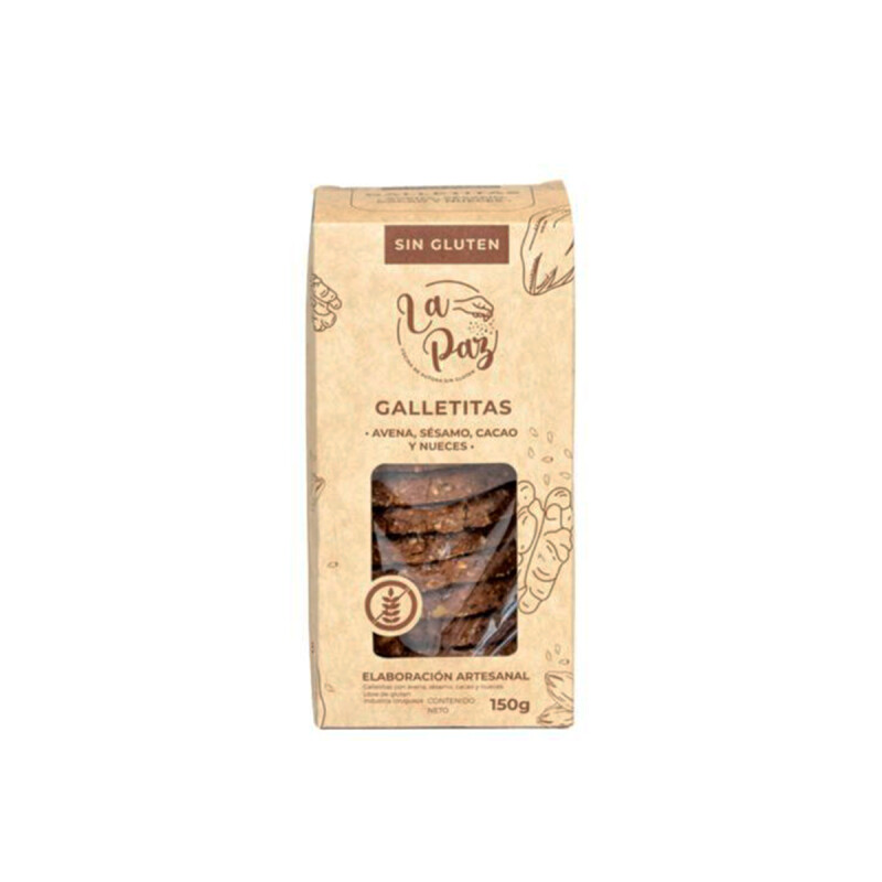 Galletita de avena, sésamo, cacao y nueces 150g La Paz sin Gluten Galletita de avena, sésamo, cacao y nueces 150g La Paz sin Gluten