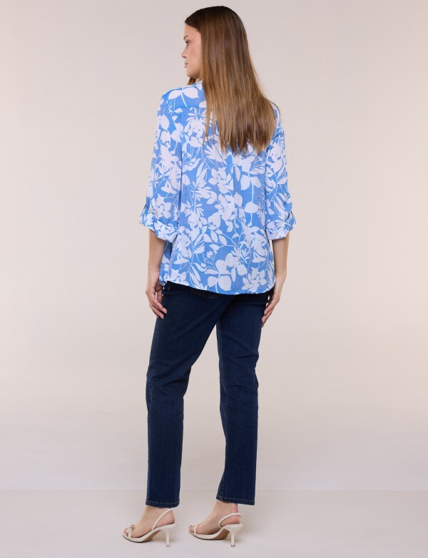 Blusa Liviana Cuello Mao Manga Roll-up BLANCO/AZUL
