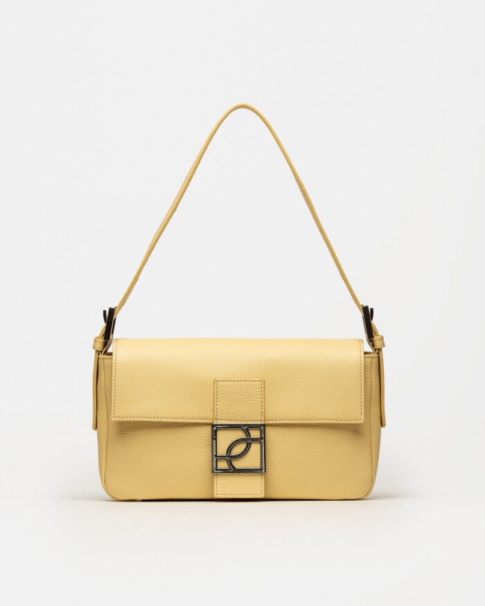 Cartera al hombro Signature en cuero graneado Vainilla