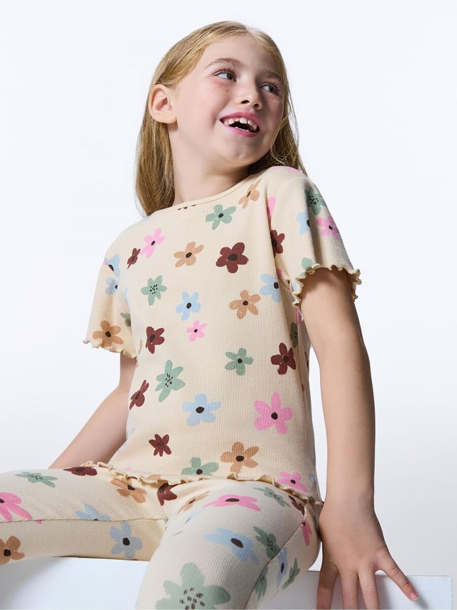 BLUSA CON ESTAMPADO EN TELA ACANALADA - BEIGE 