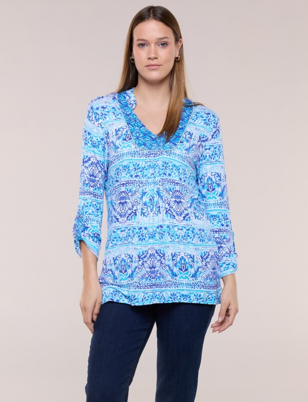 Remera Estampada Manga 3/4 Roll-up AZUL/MULTI