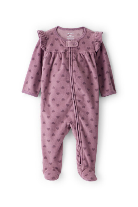 Pijama una pieza de micropolar, con pie, púrpura, diseño corazones Sin color