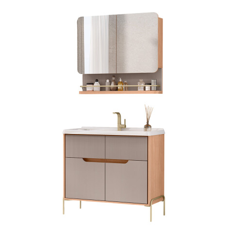 MUEBLE DE BAÑO LEBLON 80CM CON BOTIQUIN MADERA CON GRIS Mueble De Baño Leblon 80cm Con Botiquin Madera Con Gris