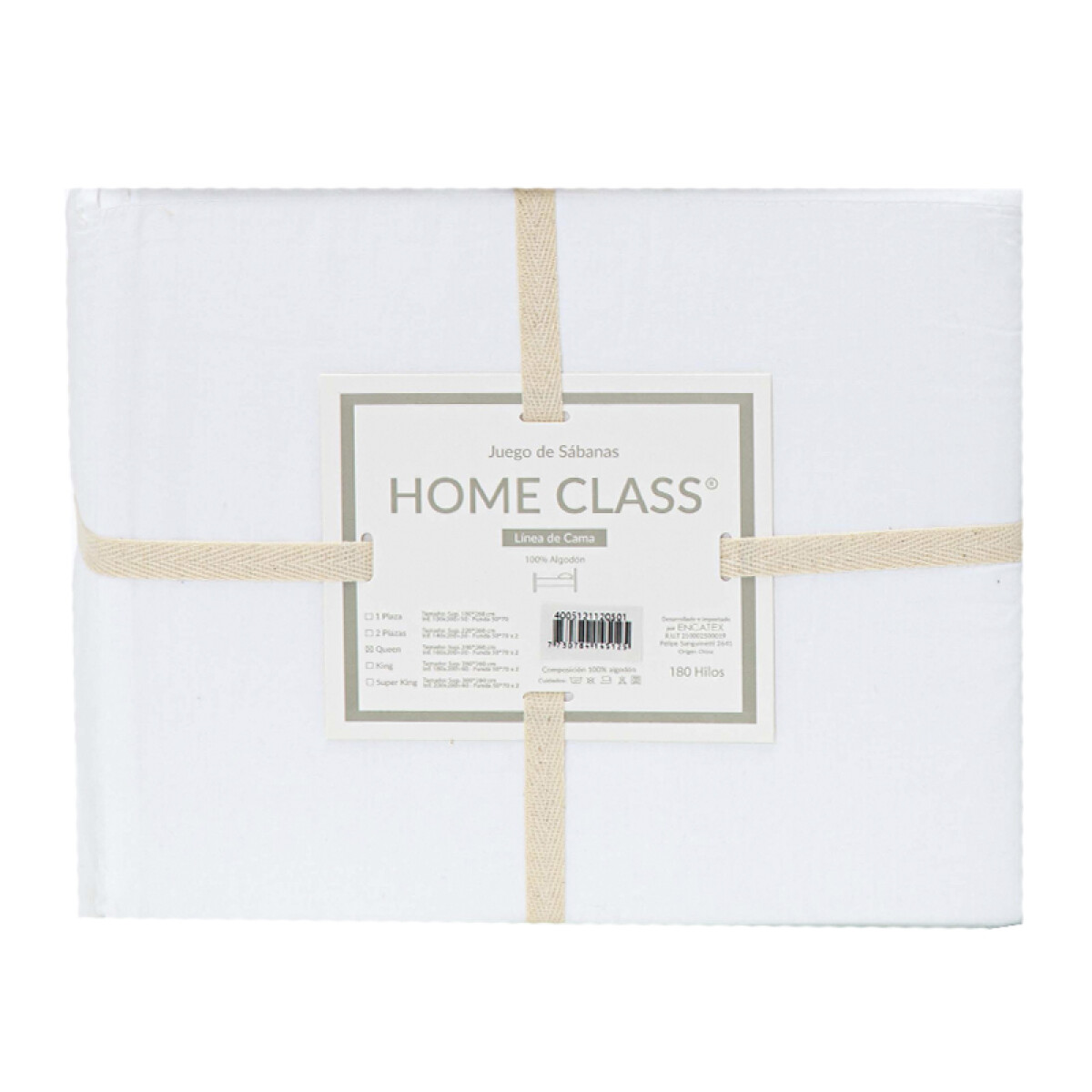 Juego Sábanas Queen Size Home Class Lisas 180 Hilos 100% Algodón - BLANCO 