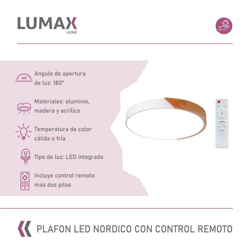 Plafon Techo Lumax Led Nórdico 30cm 24W con control remoto Blanco