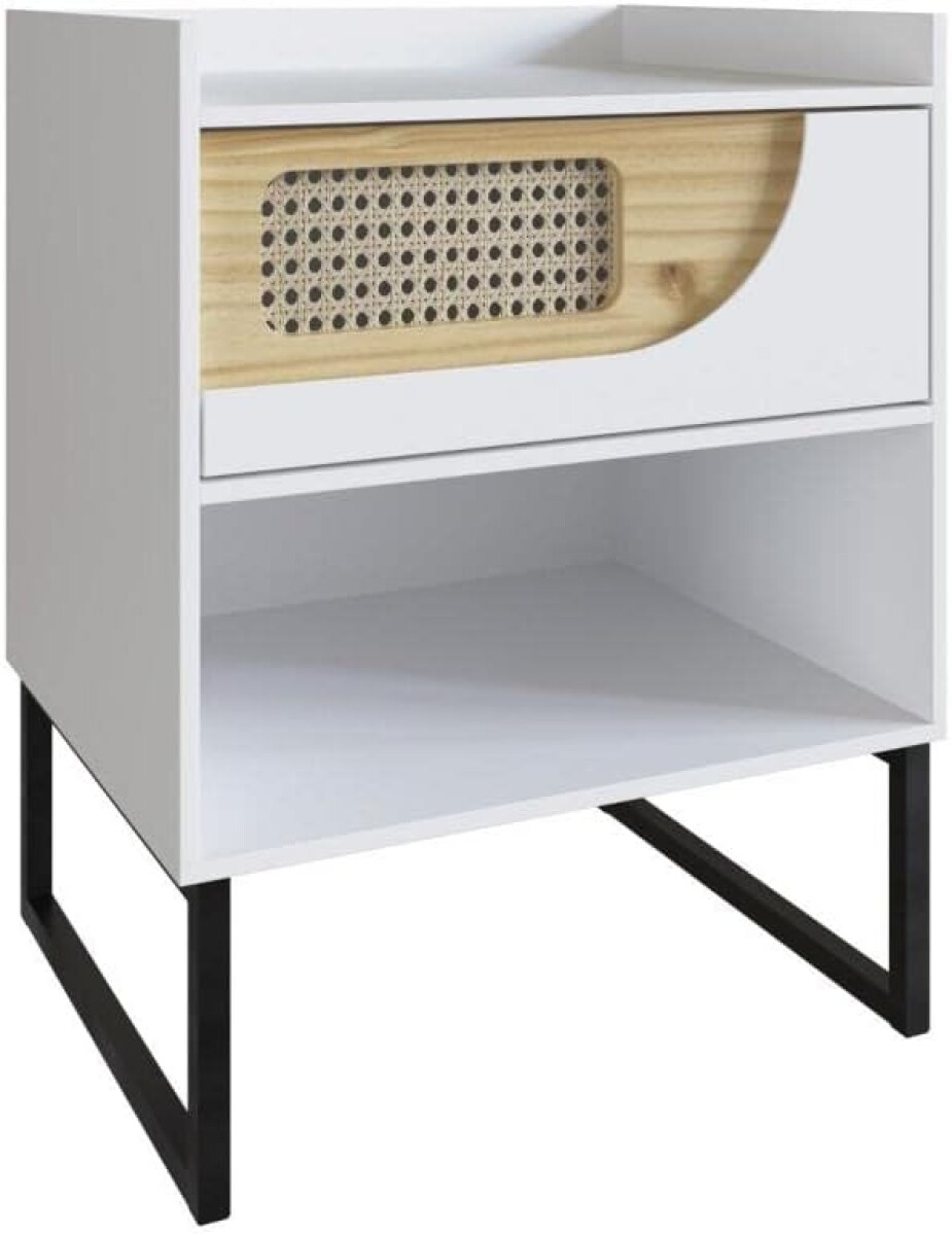 Mesa de Luz un cajon blanca detalle Madera clara y rattan 