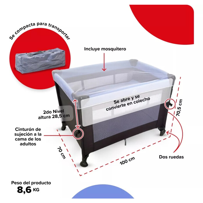Practicuna Plegable Con Mosquitero Y Ruedas - Tinok Gris/Celeste