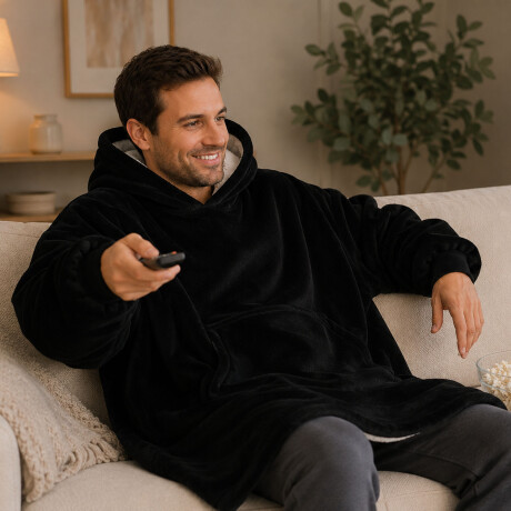 Buzo Canguro Oversize Manta Polar Afelpada Corderito Capucha Negro