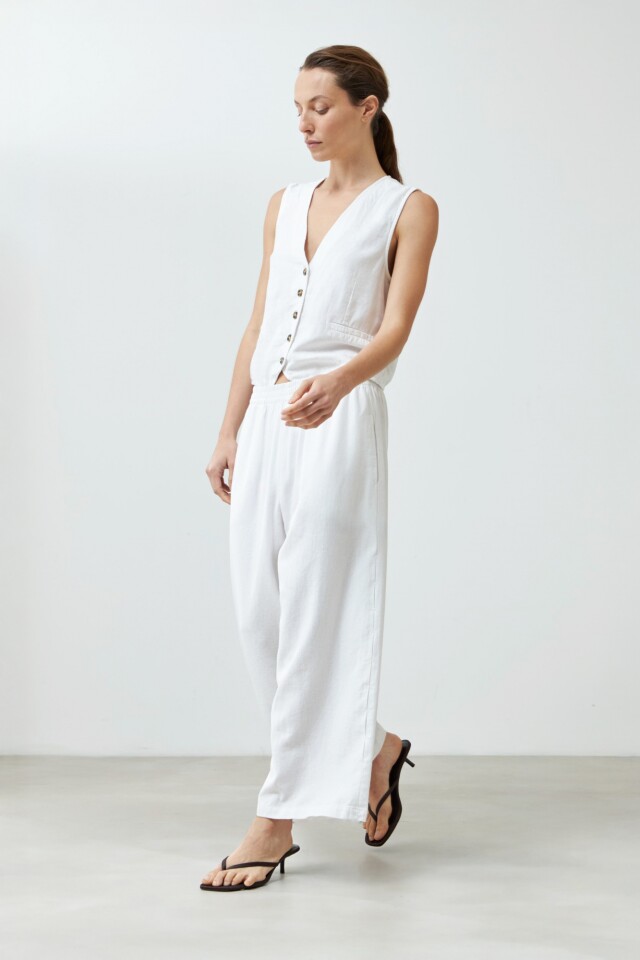Pantalón wide leg de lino con detalle lateral blanco