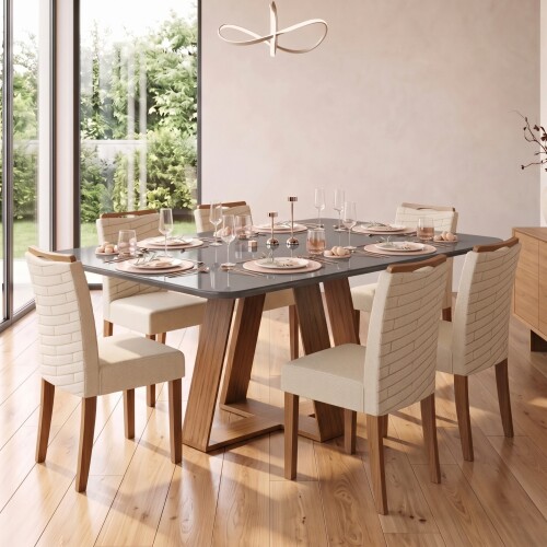 Juego De Comedor - 6 Sillas + Mesa Vidrio - Celeste Blanco / gris