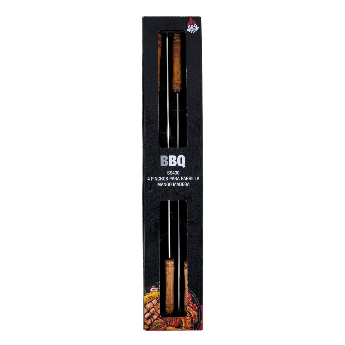 Set de 4 pinchos de acero inoxidable con mango de madera para asado 