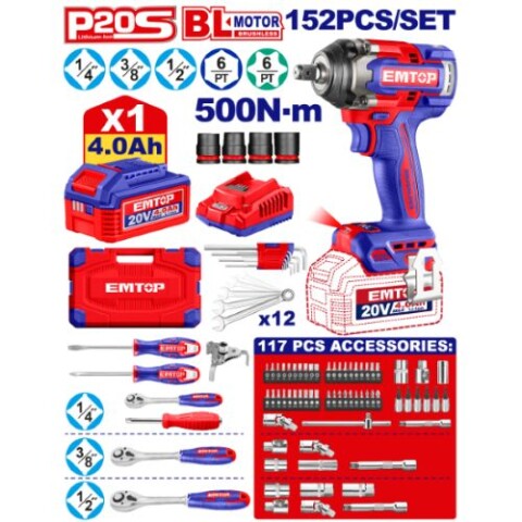 Juego de 152 piezas Emtop con llave de impacto Juego de 152 piezas Emtop con llave de impacto