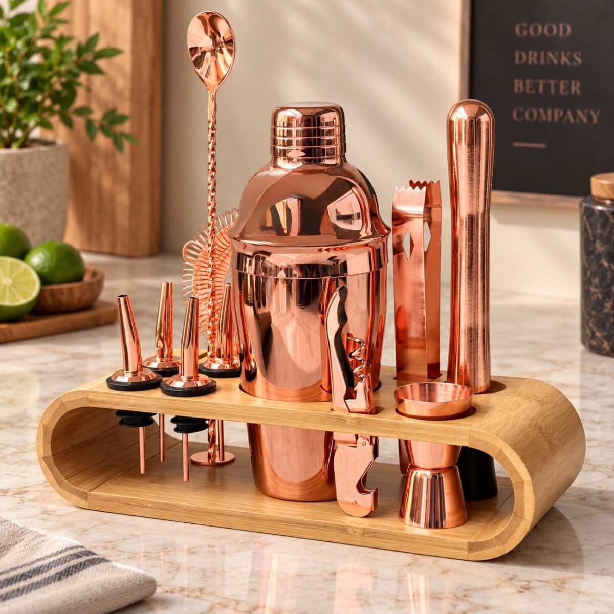 Set De Cóctel Coctelera De 11piezas Rose C/base Bambú 