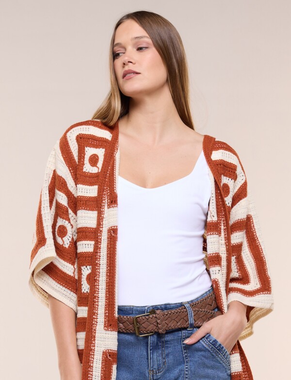Cardigan Largo Crochet Mangas Kimono TERRACOTA