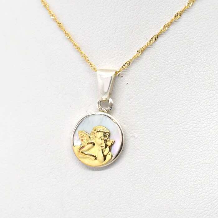 Cadena en Oro 18 Kilates y Medalla en Oro 18Kilates y Plata 925 con Nácar Angel Cadena en Oro 18 Kilates y Medalla en Oro 18Kilates y Plata 925 con Nácar Angel