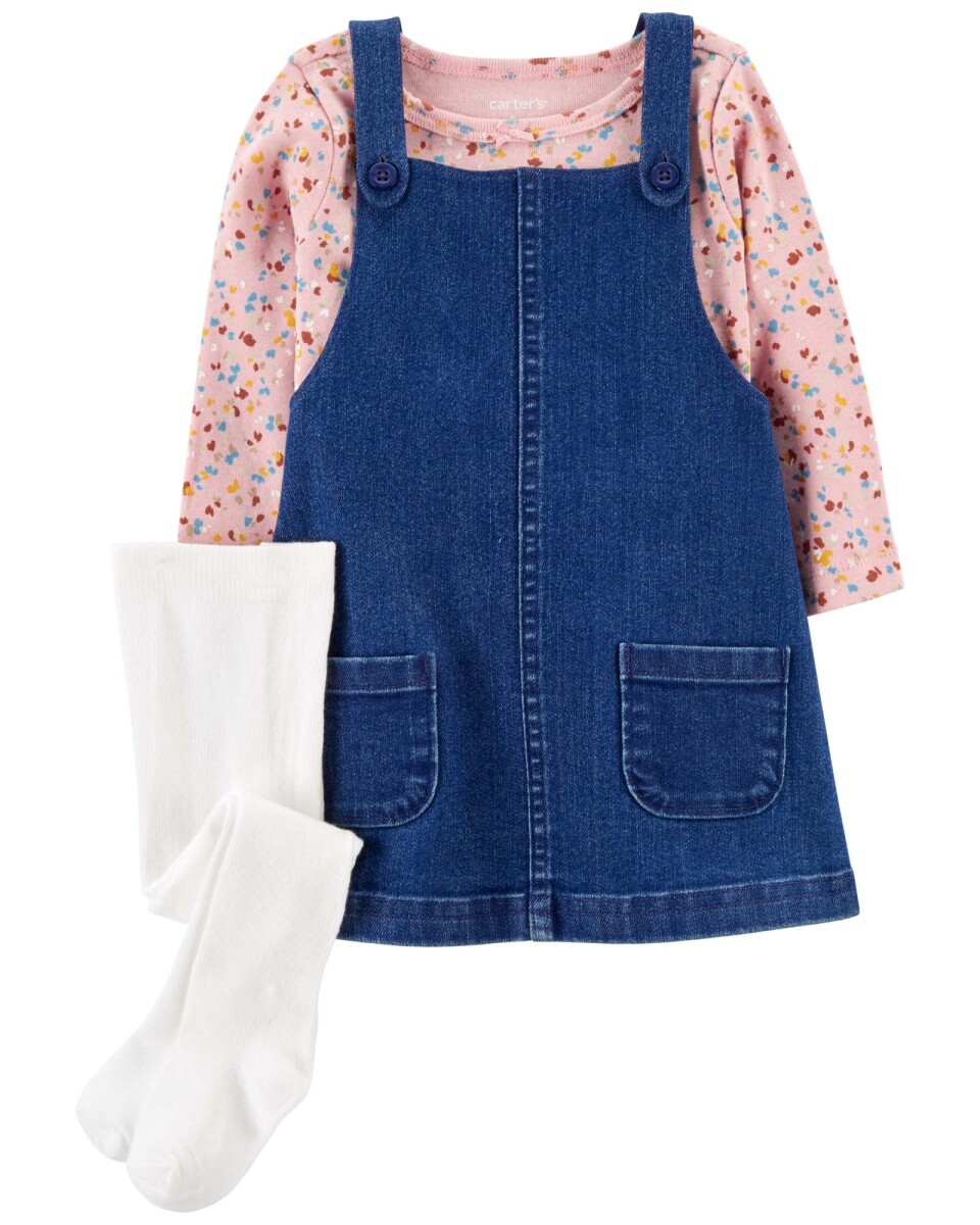 Set tres piezas jumper jean, blusa y medias de algodón 