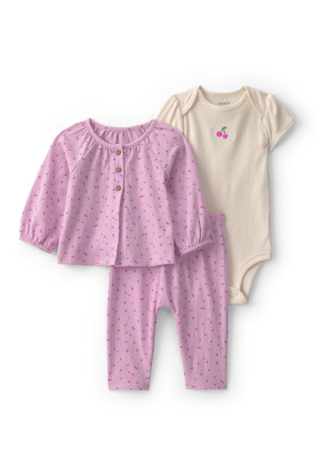 Set tres piezas, pantalón y saco de jersey arrugado, más body de algodón, rosado y crema, diseño cerezas Sin color