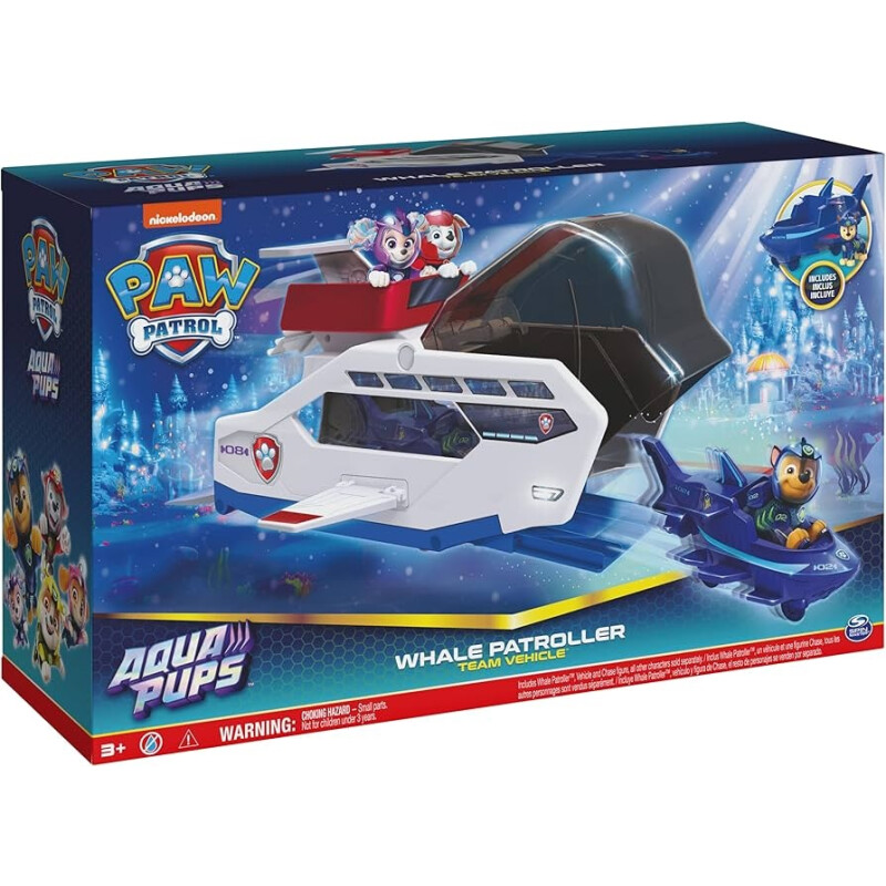 Paw Patrol Aqua Pups - Vehículo de equipo de patrullero de ballenas con figura de acción Chase Paw Patrol Aqua Pups - Vehículo de equipo de patrullero de ballenas con figura de acción Chase