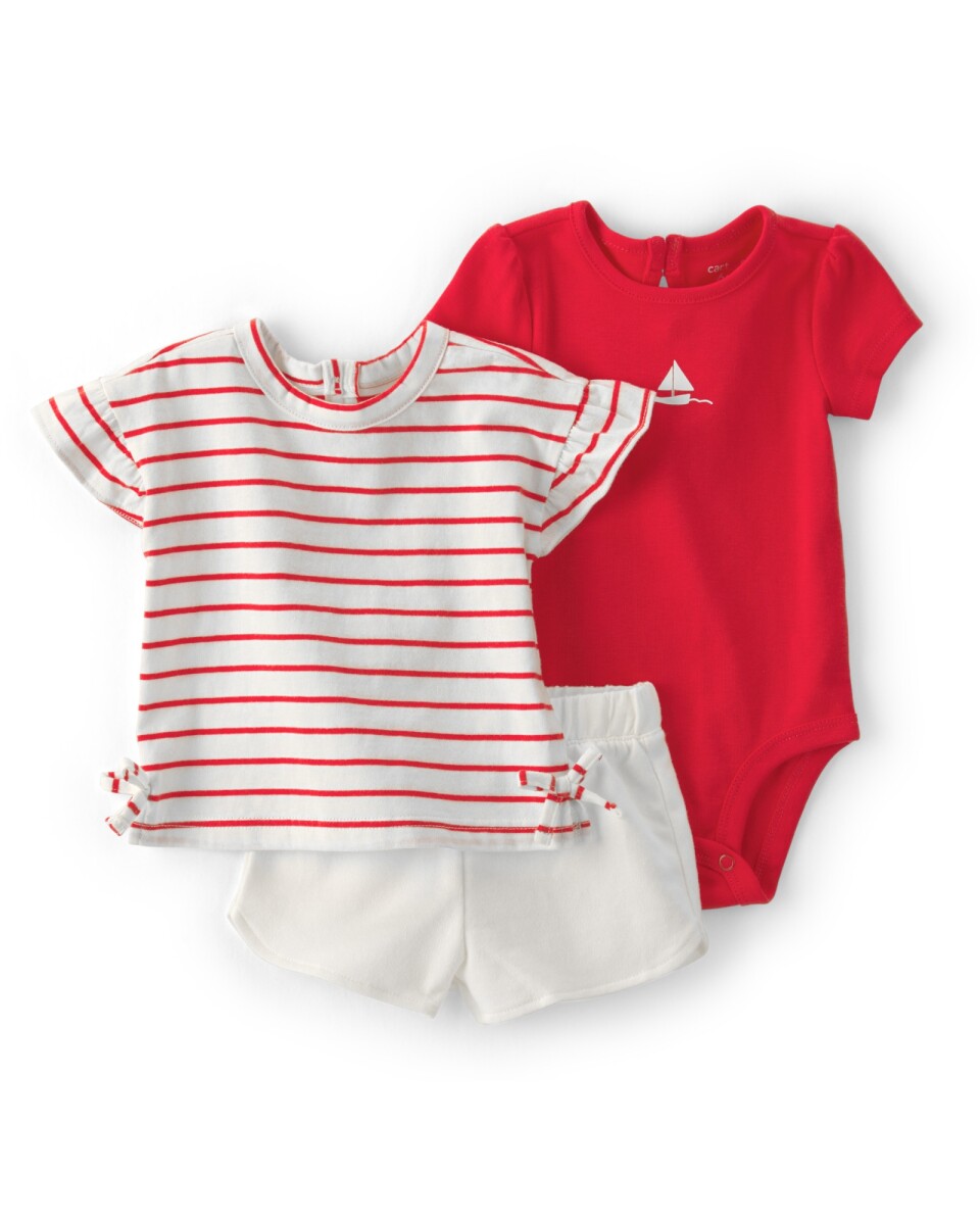 Set tres piezas de algodón, short, remera y body, rojo y blanco, estampa velero 