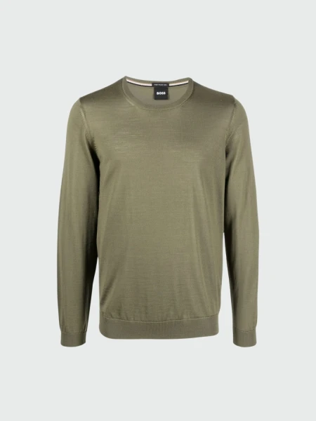 BOSS Black - Suéter Ajustado de lana Merino Cuello Redondo Verde