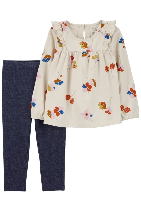 Set dos piezas de algodón, calza y blusa, diseño floral Set dos piezas de algodón, calza y blusa, diseño floral