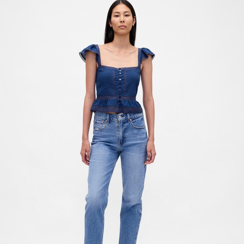 FLTR SLV SQ NK PEPLUM TOP MEDIUM WASH